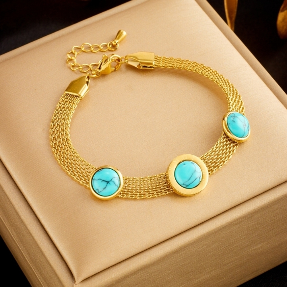 Simulated Turquoise, Roman Numeral Adorned Mesh Chain Bracelet